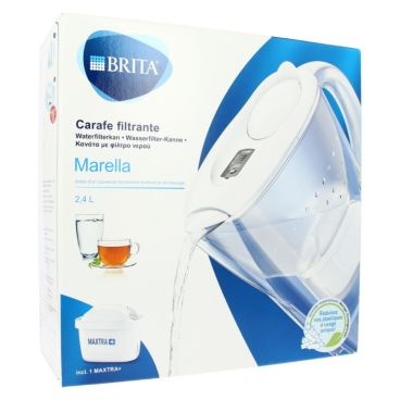 BRITA Carafe filtrante Marella blanche (2,4l), 12 filtres MAXTRA+ inclus,  réduit le calcaire, le chlore et le plomb pour une eau du robinet plus pure  ¿ dans emballage Smart Box durable