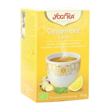 L'infusion gingembre citron Yogi Tea contient des plantes, du gingembre, du  zeste de citron etc.
