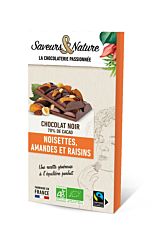 Tablette de Chocolat Noir 70% Amandes, Noisettes et Raisins 100g Bio